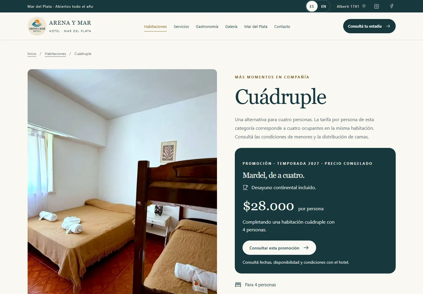 Ficha de la habitación cuádruple con foto, tarifa y promoción