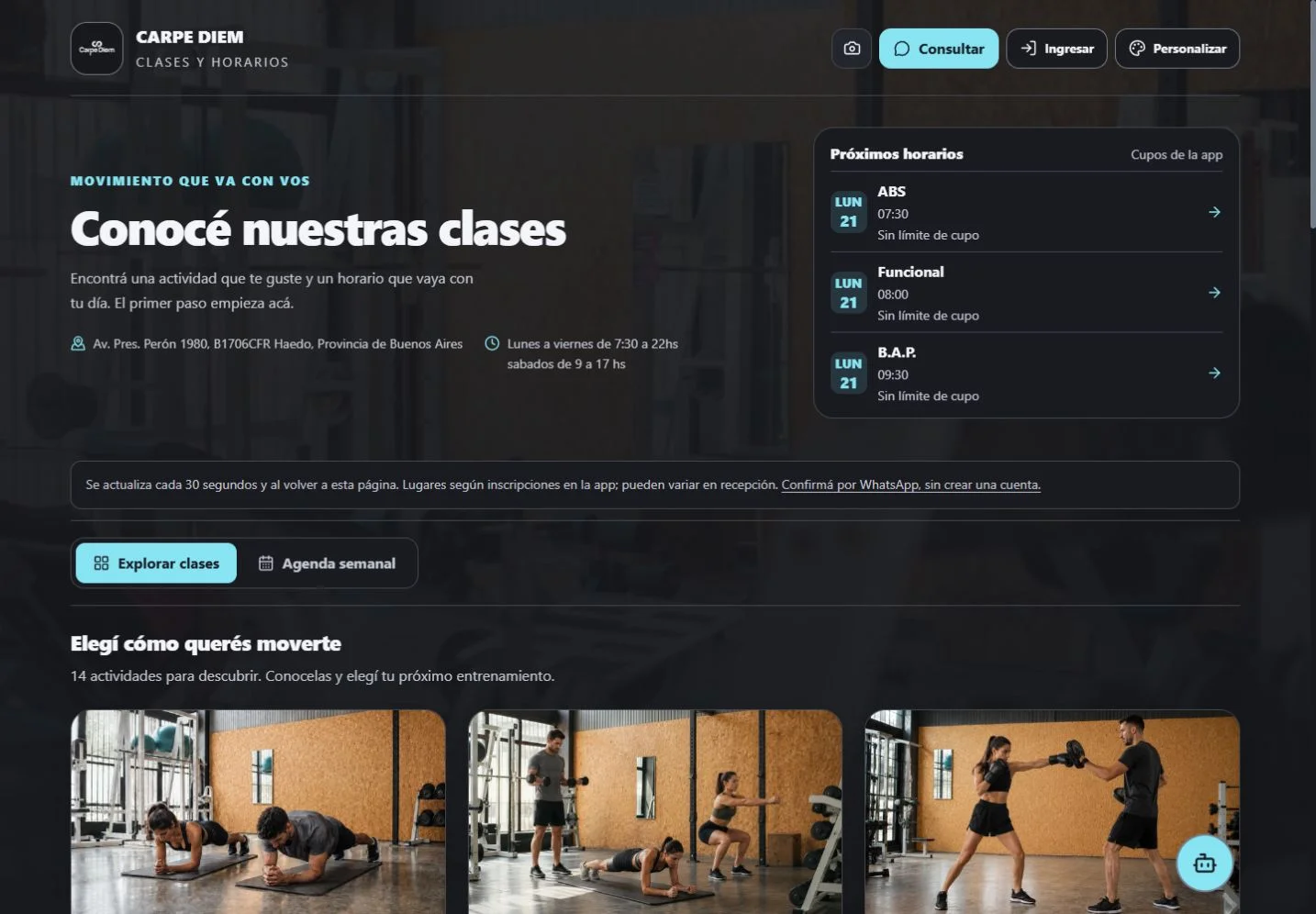 Web actual de Carpe Diem con clases y próximos horarios