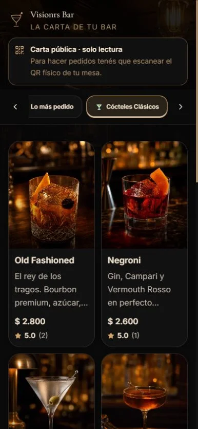 Carta digital de MenuBar: categorías y productos desde el celular.