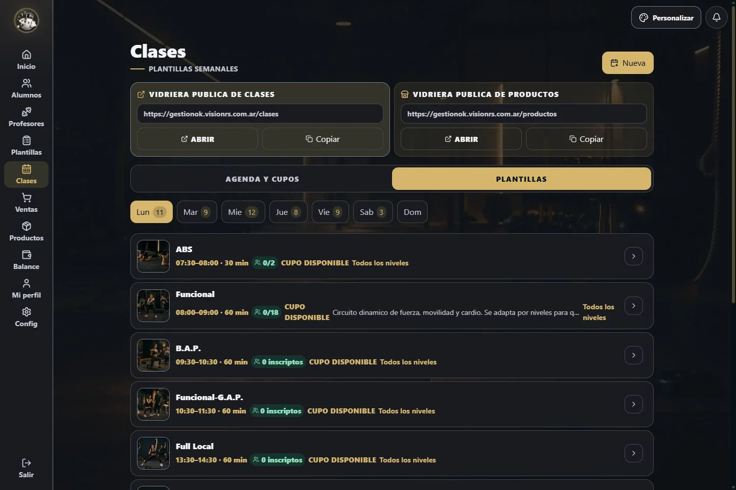 Gestión de clases, horarios y cupos en la demo